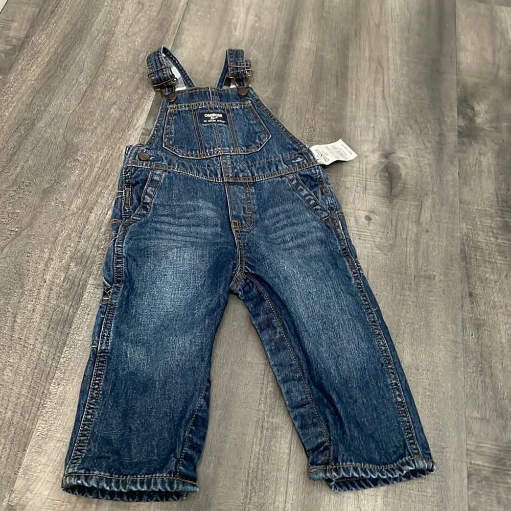 Oshkosh B'gosh Boy Blue Jean Bib Overalls 12-18 months lined flannel NEW